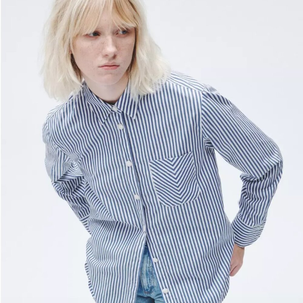 Rag & Bone Maxine Cotton Poplin Stripe Button Down Shirt - Blue Stripe